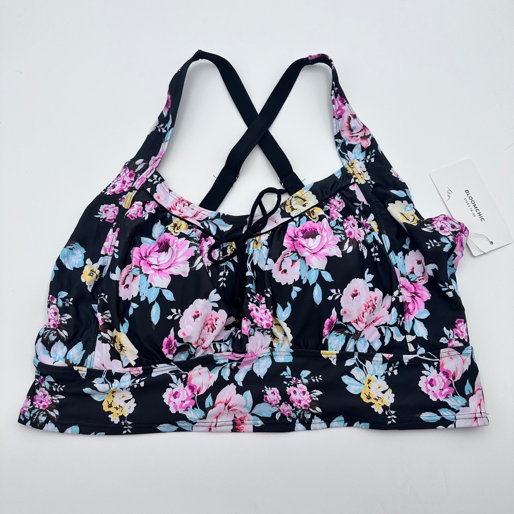 Bloomchic Floral Print Halter Tankini Top Plus Size 22-24 Black Pink Blue Yellow - Picture 3 of 11